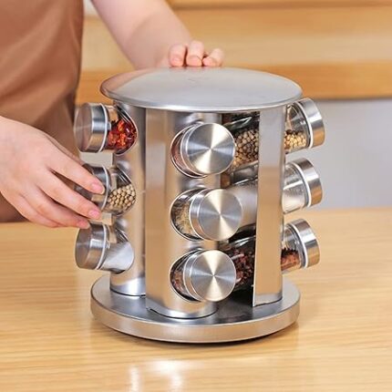 Stainless Steel & Glass Spice Jar Set - 12 Jars Rotating Kitchen Spice Rack