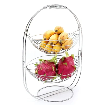 2 Tier Fruit Baskets Fruit Basket, Fruit Bowls for The Counter Silver, Triple Hammock Fruit/Vegetable/Produce Metal Basket Rack Display Stand, Chrome