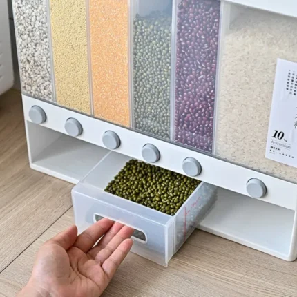 Wall Mounted Separate Rice Bucket Cereal Dispenser Moisture Proof Plastic Automatic Racks Sealed Metering Food Storage Box