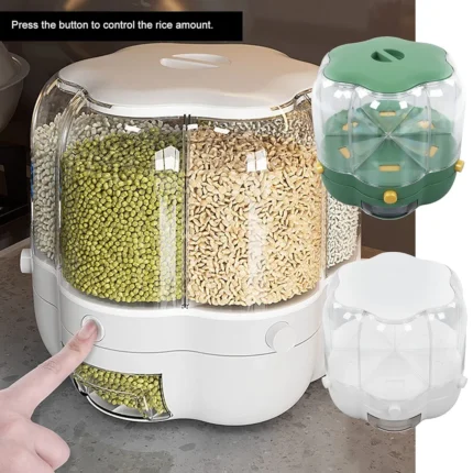 Cereal Box, Large Capacity 360 Degree Rotation Rice Dispenser 6 Compartments ABS PET For Beans (White 9kg / 19.84lb)